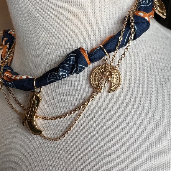 Gold Western Bandana Orange and Blue Necklace with Boot and Flower Charms - Picture 4 of 8